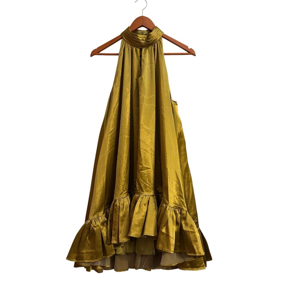 Ieena for Mac Duggal Metallic Olive Green Halter Gown Ruffle Hem Formal Dress M - Picture 3 of 7